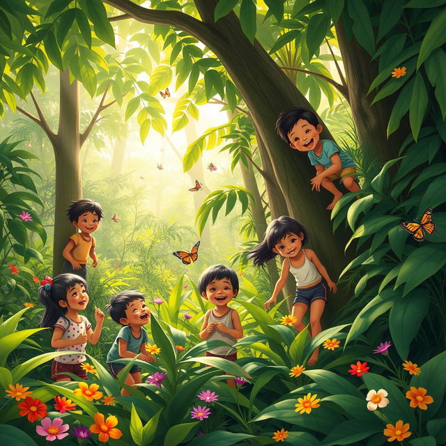 A vibrant scene of children playing joyfully in a lush jungle, surrounded by thick green foliage and tall trees