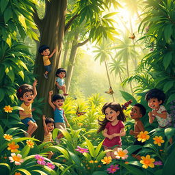A vibrant scene of children playing joyfully in a lush jungle, surrounded by thick green foliage and tall trees