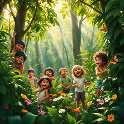 A vibrant scene of children playing joyfully in a lush jungle, surrounded by thick green foliage and tall trees
