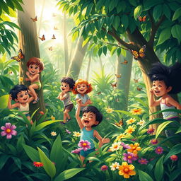 A vibrant scene of children playing joyfully in a lush jungle, surrounded by thick green foliage and tall trees