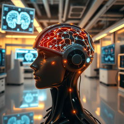 A futuristic brain-computer interface, showcasing a sleek high-tech helmet connected to neural pathways with glowing circuits