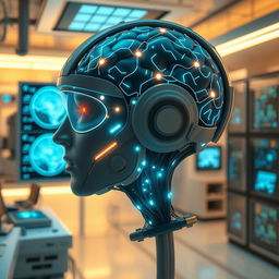 A futuristic brain-computer interface, showcasing a sleek high-tech helmet connected to neural pathways with glowing circuits