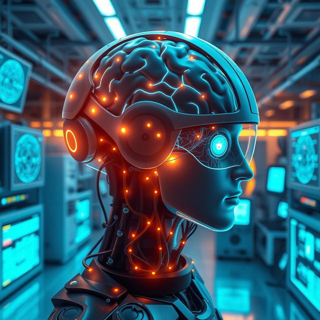 A futuristic brain-computer interface, showcasing a sleek high-tech helmet connected to neural pathways with glowing circuits