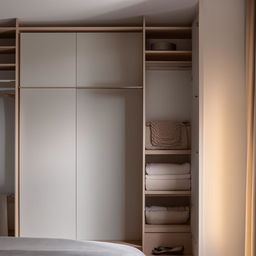 A cozy, well-lit bedroom featuring a spacious wardrobe and a sleek, modern dressing unit.