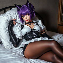 A sexy gothic kitsune anime girl maid with shoulder-length purple hair styled in a bun and striking gothic makeup, exuding an alluring gothic charm