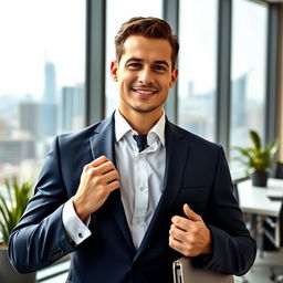 A professional looking businessman, wearing a well-tailored navy blue suit and a crisp white dress shirt, standing confidently in a modern office environment