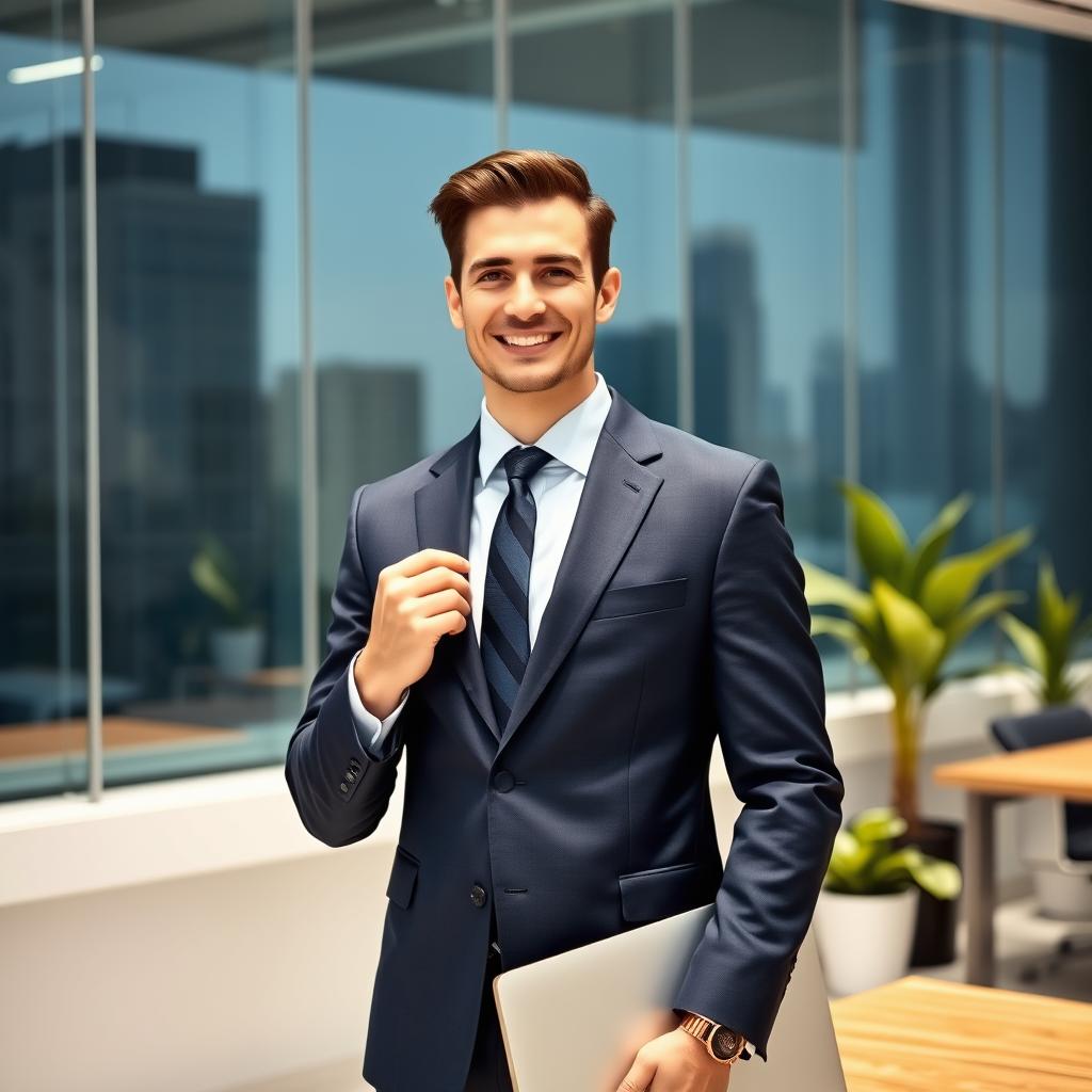 A professional looking businessman, wearing a well-tailored navy blue suit and a crisp white dress shirt, standing confidently in a modern office environment