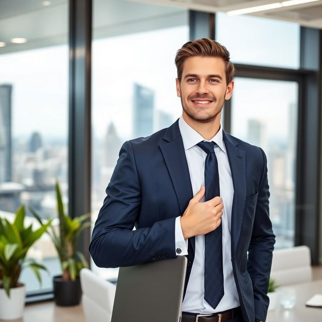 A professional looking businessman, wearing a well-tailored navy blue suit and a crisp white dress shirt, standing confidently in a modern office environment