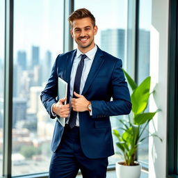 A professional looking businessman, wearing a well-tailored navy blue suit and a crisp white dress shirt, standing confidently in a modern office environment
