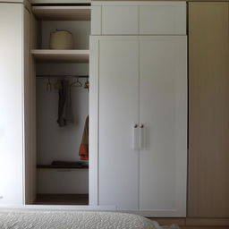 A cozy, well-lit bedroom featuring a spacious wardrobe and a sleek, modern dressing unit.