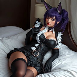 A sexy gothic kitsune anime girl maid with shoulder-length purple hair styled in a bun and striking gothic makeup