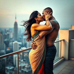 A beautiful Indian woman with a hot round face, wearing a transparent strapless saree bikini that accentuates her big bosom and sexy deep navel
