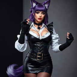 A sexy gothic kitsune girl maid with shoulder-length purple hair elegantly styled in a bun