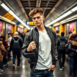 A stylish young man representing the sigma male archetype, confidently standing in a busy metro station