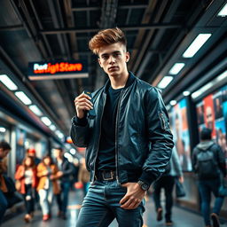 A stylish young man representing the sigma male archetype, confidently standing in a busy metro station