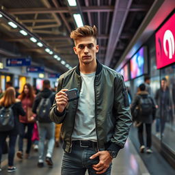 A stylish young man representing the sigma male archetype, confidently standing in a busy metro station