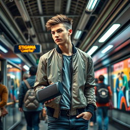 A stylish young man representing the sigma male archetype, confidently standing in a busy metro station