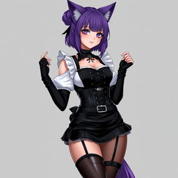 A sexy gothic anime kitsune girl maid with shoulder-length purple hair styled in a bun and striking gothic makeup