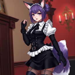 A sexy gothic anime kitsune girl maid with shoulder-length purple hair styled in a bun and striking gothic makeup
