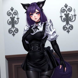 A sexy gothic anime kitsune girl maid with shoulder-length purple hair styled in a bun and striking gothic makeup