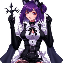 A sexy gothic anime kitsune girl maid with shoulder-length purple hair styled in a bun and striking gothic makeup