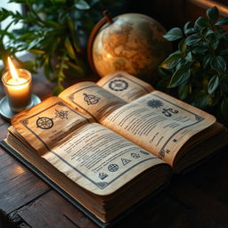 An open book filled with ancient, mystical symbols, lying on a wooden table illuminated by soft candlelight