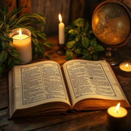 An open book filled with ancient, mystical symbols, lying on a wooden table illuminated by soft candlelight