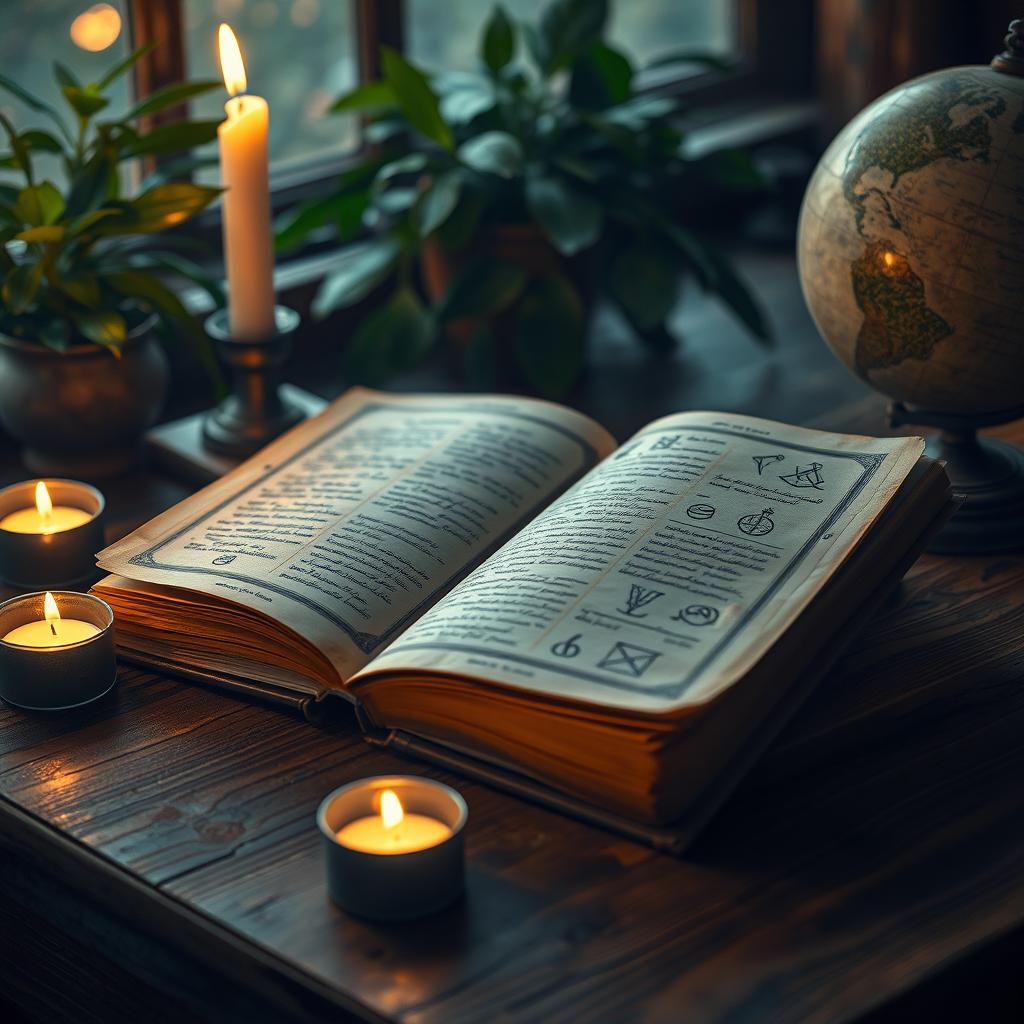 An open book filled with ancient, mystical symbols, lying on a wooden table illuminated by soft candlelight