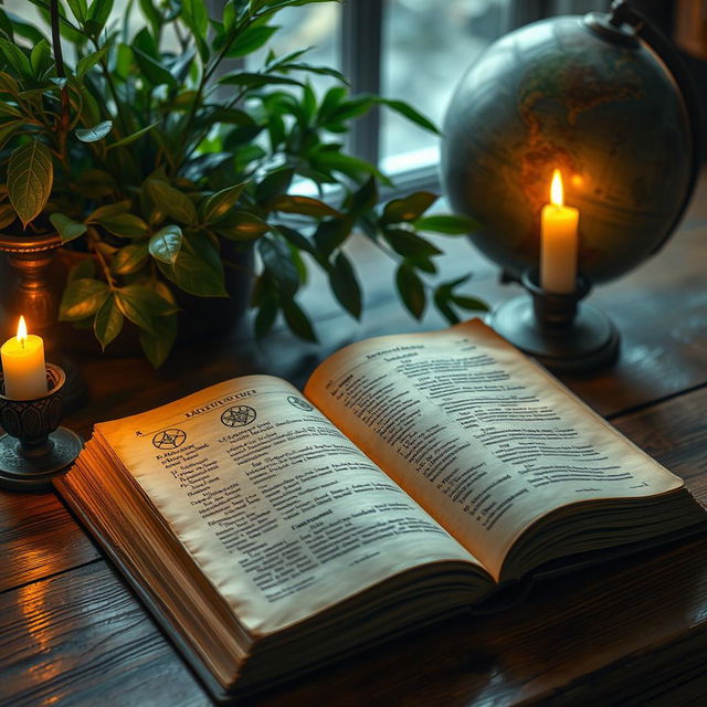 An open book filled with ancient, mystical symbols, lying on a wooden table illuminated by soft candlelight