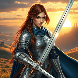 Create an image of a strong female character inspired by the original concept of a heroic knight