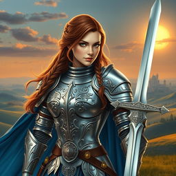 Create an image of a strong female character inspired by the original concept of a heroic knight