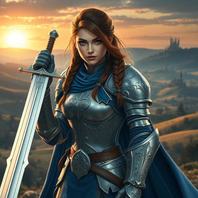 Create an image of a strong female character inspired by the original concept of a heroic knight