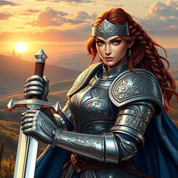Create an image of a strong female character inspired by the original concept of a heroic knight