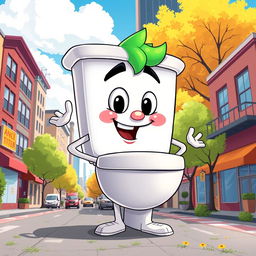 A humorous cartoon scene depicting a quirky oversized toilet character inspired by the Skibidi Toilet meme, set in a vibrant, exaggerated version of Ohio