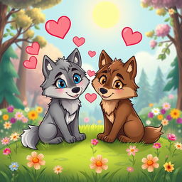 A cute cartoon depiction of two wolves in love, set against a vibrant forest background