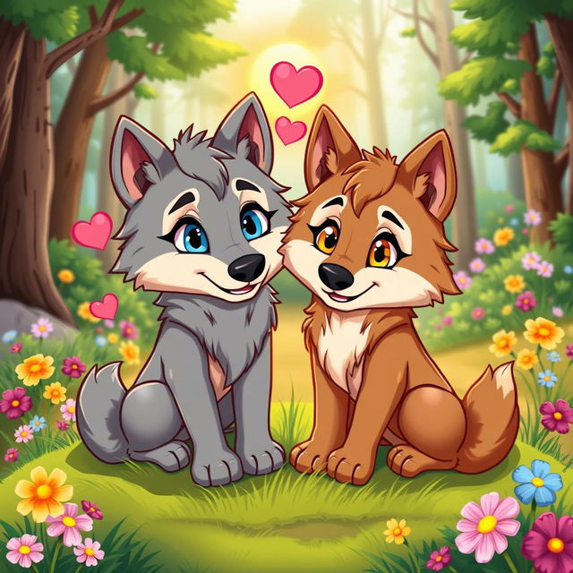 A cute cartoon depiction of two wolves in love, set against a vibrant forest background