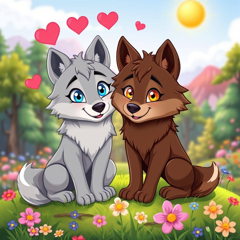 A cute cartoon depiction of two wolves in love, set against a vibrant forest background
