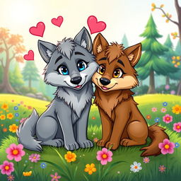 A cute cartoon depiction of two wolves in love, set against a vibrant forest background