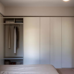 A cozy, well-lit bedroom featuring a spacious wardrobe and a sleek, modern dressing unit.