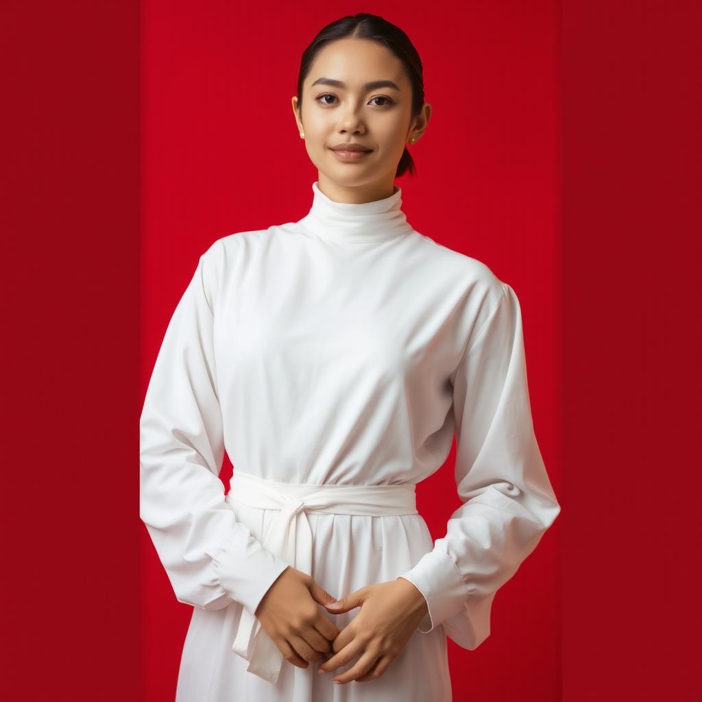 A serene portrait of a person dressed in elegant white clothes, standing confidently against a vibrant red background