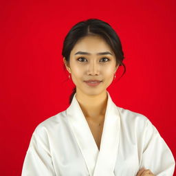 A serene portrait of a person dressed in elegant white clothes, standing confidently against a vibrant red background