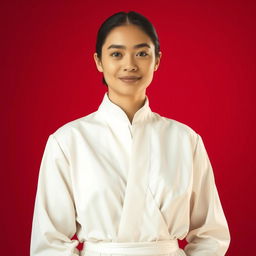A serene portrait of a person dressed in elegant white clothes, standing confidently against a vibrant red background