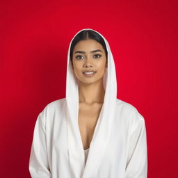 A serene portrait of a person dressed in elegant white clothes, standing confidently against a vibrant red background