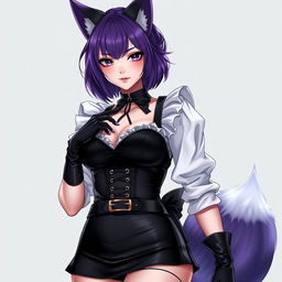 A sexy gothic semi-realistic anime kitsune girl maid with shoulder-length purple hair elegantly styled in a bun