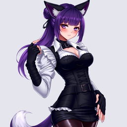 A sexy gothic semi-realistic anime kitsune girl maid with shoulder-length purple hair elegantly styled in a bun