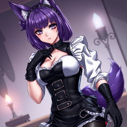A sexy gothic semi-realistic anime kitsune girl maid with shoulder-length purple hair elegantly styled in a bun