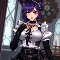 A sexy gothic semi-realistic anime kitsune girl maid with shoulder-length purple hair elegantly styled in a bun