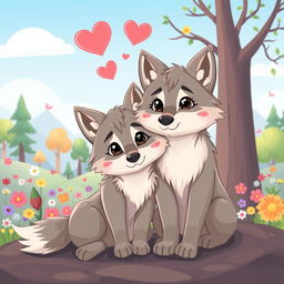 A charming cartoon illustration of two wolves in love, featuring a romantic setting with a soft color palette