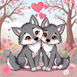 A charming cartoon illustration of two wolves in love, featuring a romantic setting with a soft color palette