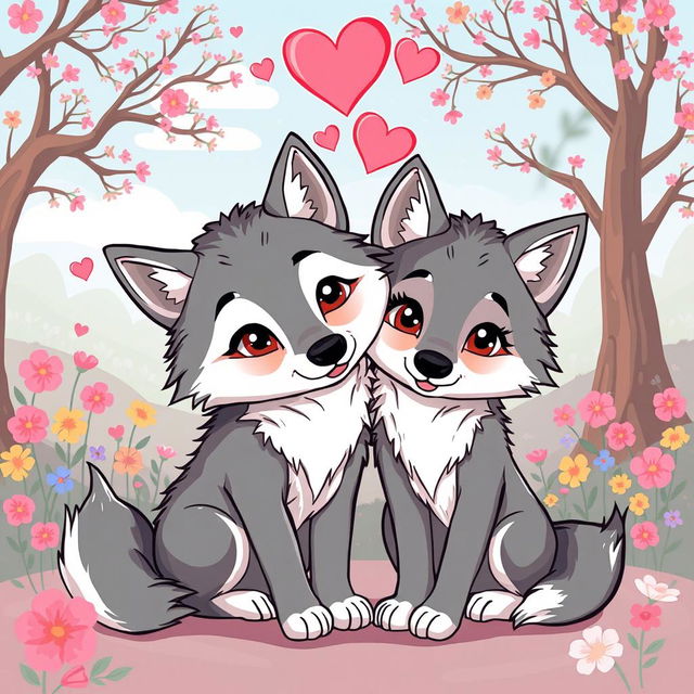 A charming cartoon illustration of two wolves in love, featuring a romantic setting with a soft color palette